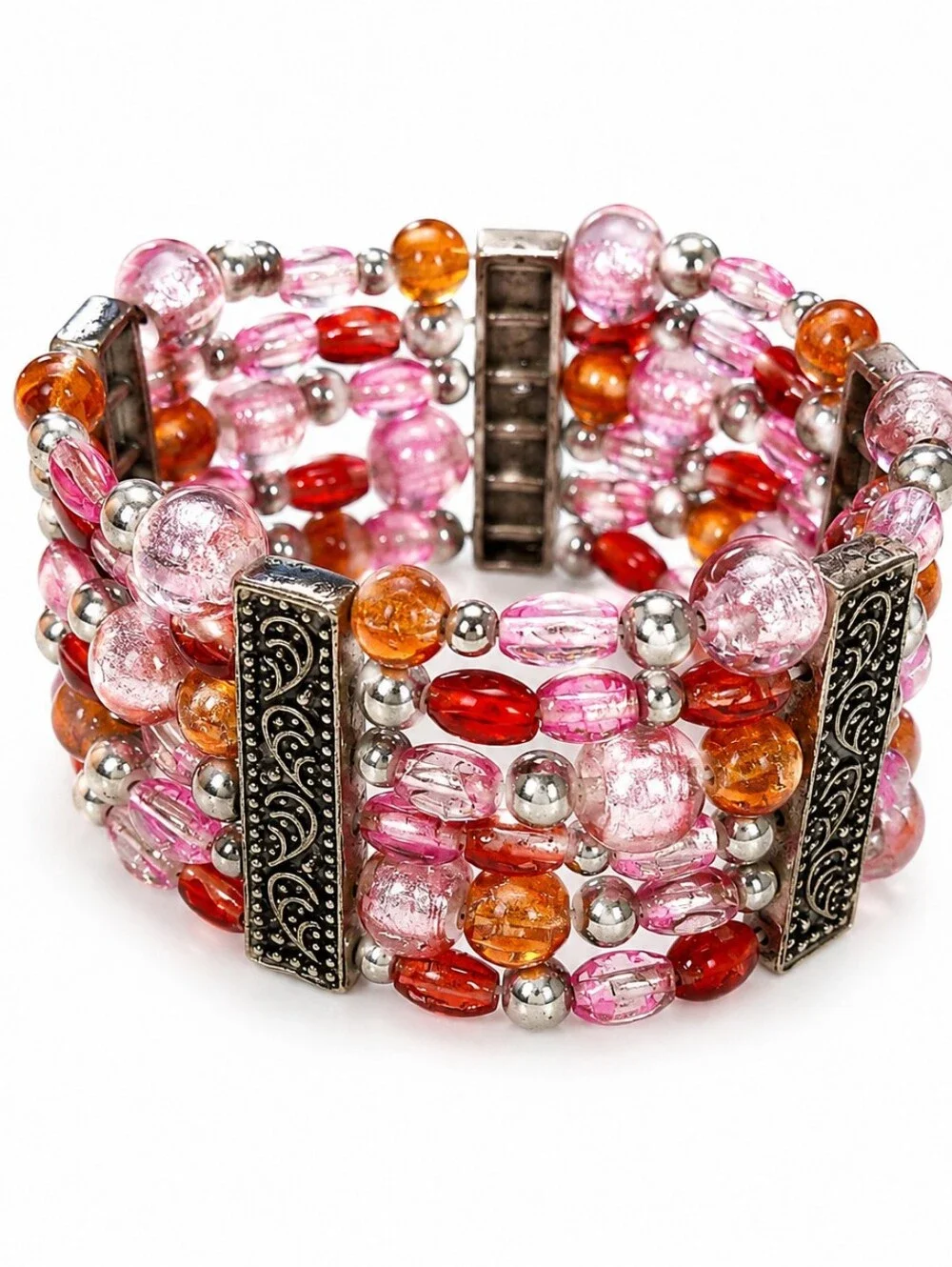 Pink Amber Multi Strand Beaded Stretch Cuff Bracelet Boho Statement